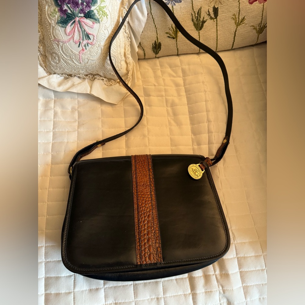 Brahmin Black and Brown Vintage Leather Front Flap Shoulder Bag Purse